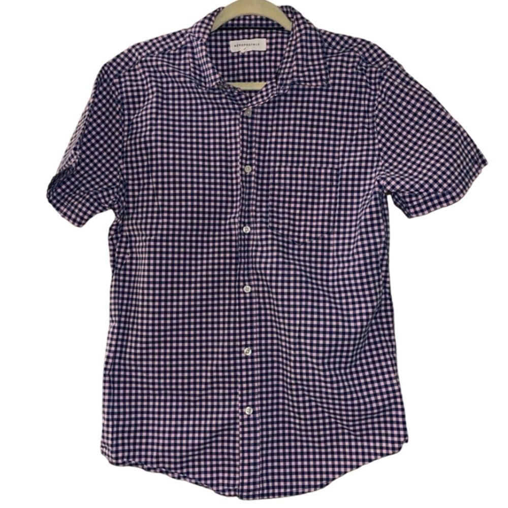 Aeropostale Checked Button Down Short Sleeve Pocket Tee Pink Blue Sz M